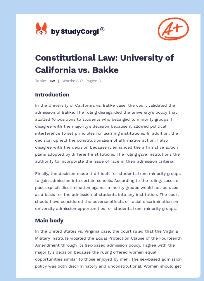 Constitutional Law: University of California vs. Bakke. Page 1