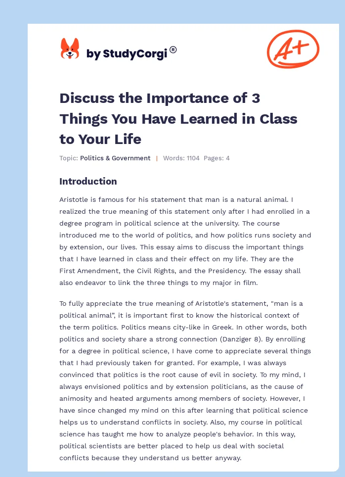 Discuss the Importance of 3 Things You Have Learned in Class to Your Life. Page 1