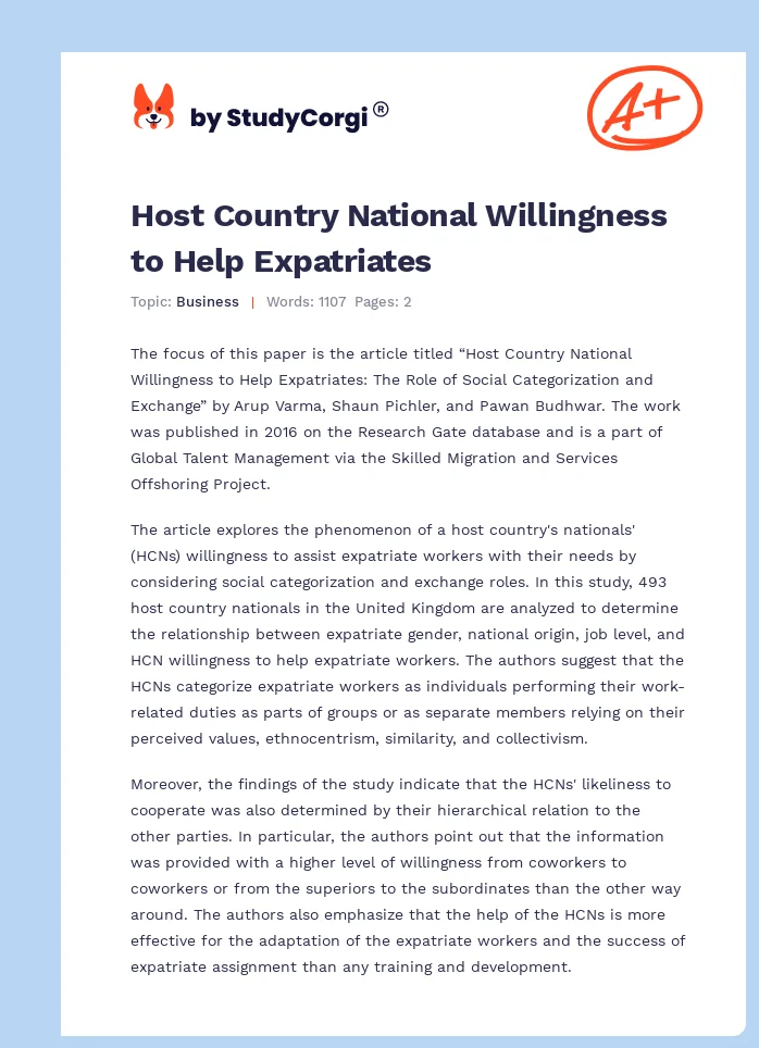 Host Country National Willingness to Help Expatriates. Page 1