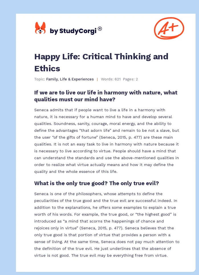 Happy Life: Critical Thinking and Ethics. Page 1