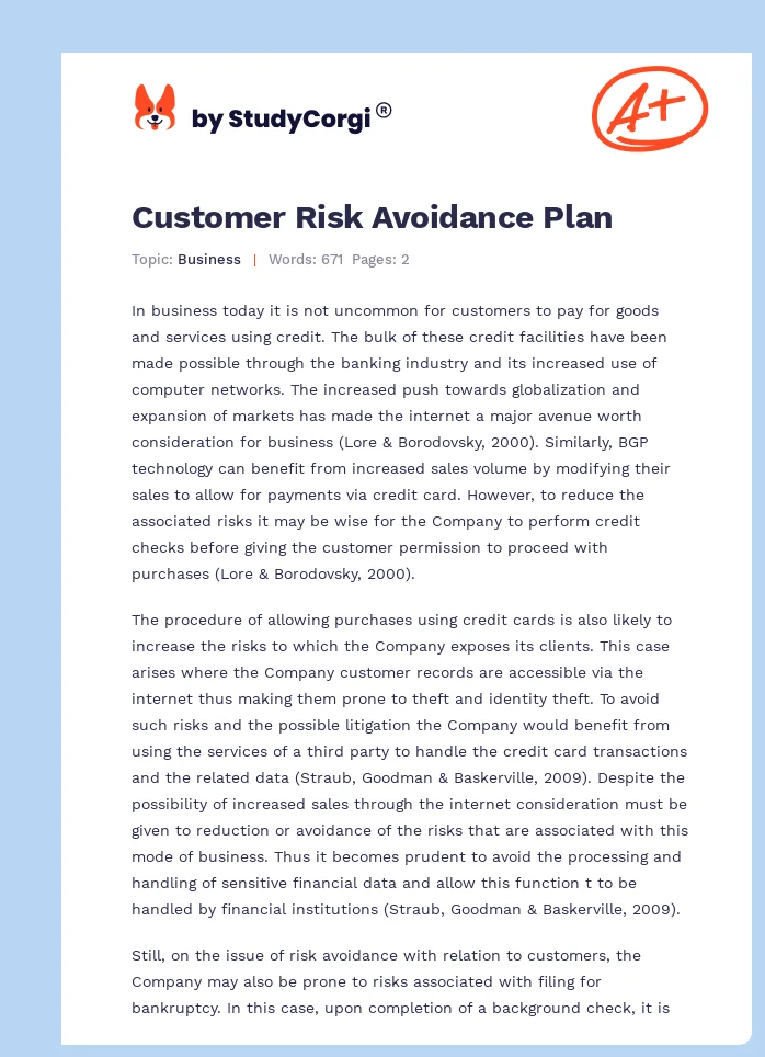 Customer Risk Avoidance Plan. Page 1