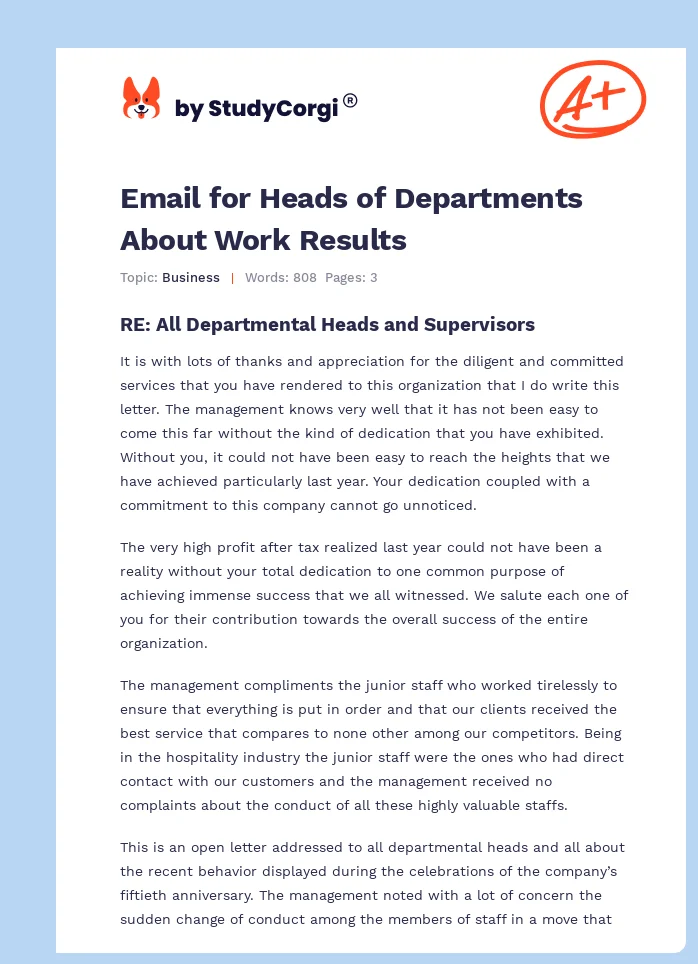 Email for Heads of Departments About Work Results. Page 1