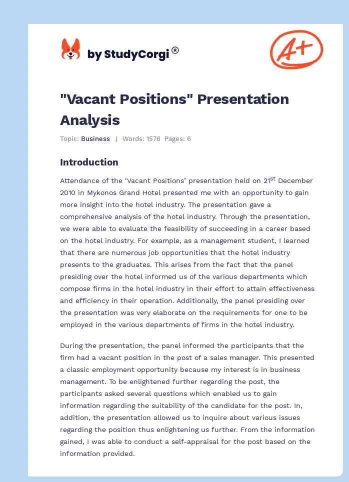 "Vacant Positions" Presentation Analysis. Page 1