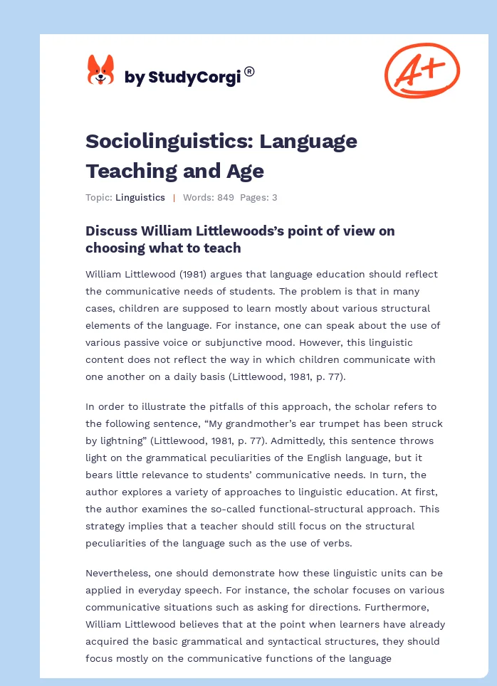 Sociolinguistics: Language Teaching and Age. Page 1