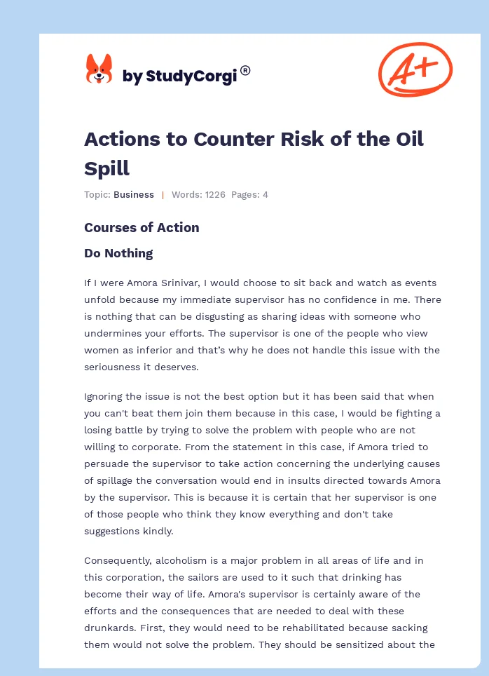 Actions to Counter Risk of the Oil Spill. Page 1