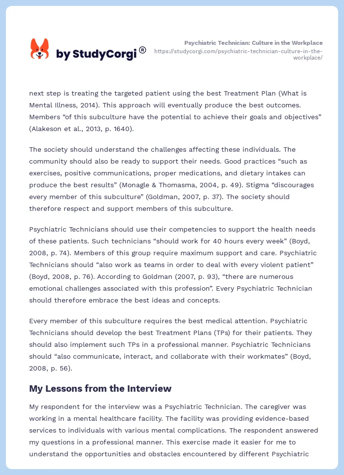 Psychiatric Technician: Culture in the Workplace. Page 2