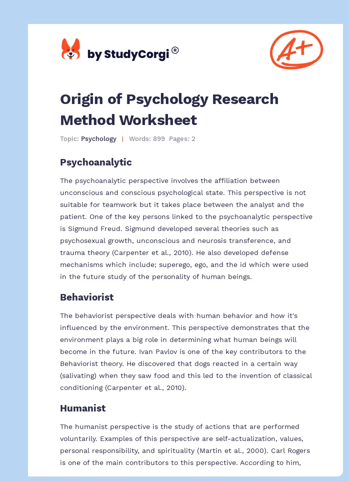 Origin of Psychology Research Method Worksheet. Page 1