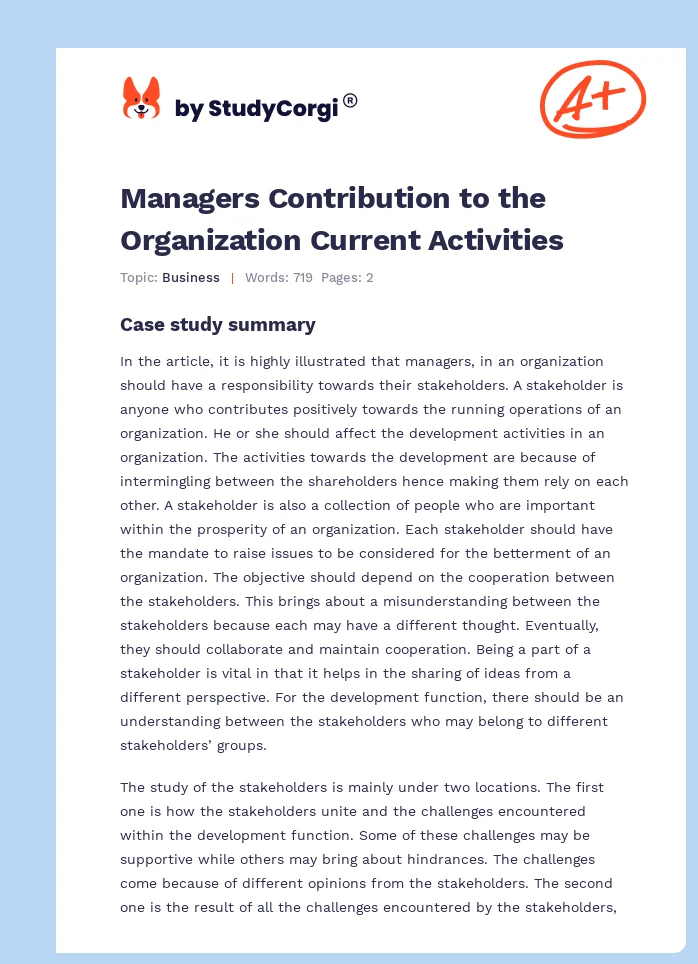 Managers Contribution to the Organization Current Activities. Page 1