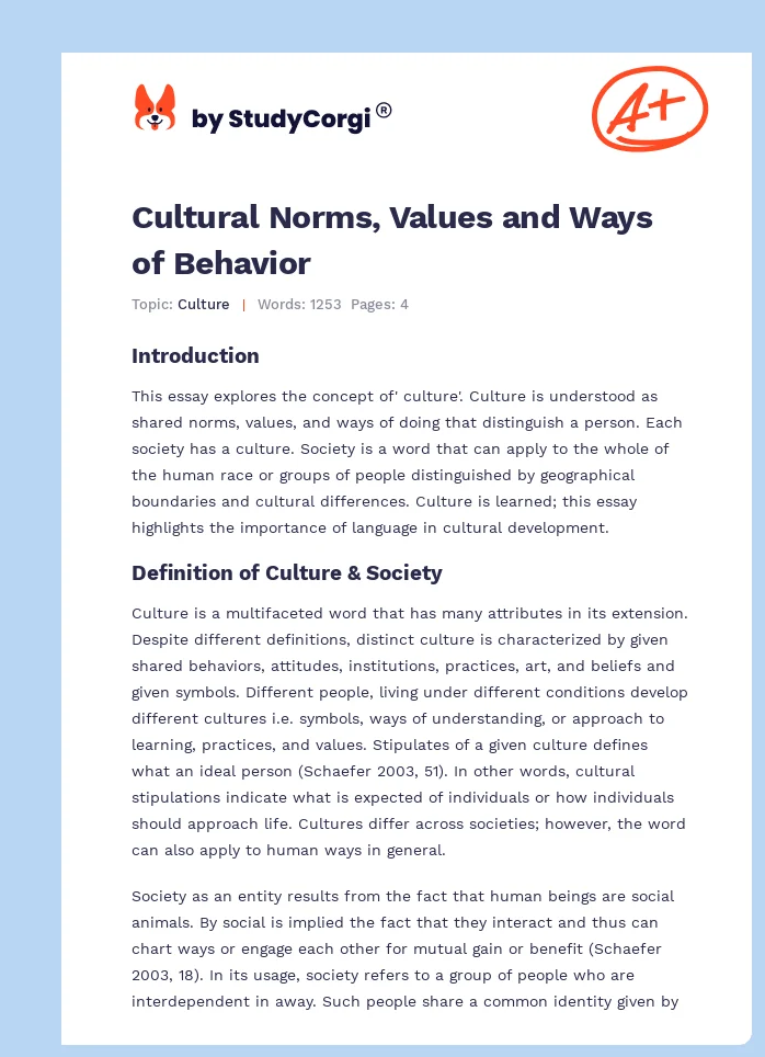 Cultural Norms, Values and Ways of Behavior. Page 1