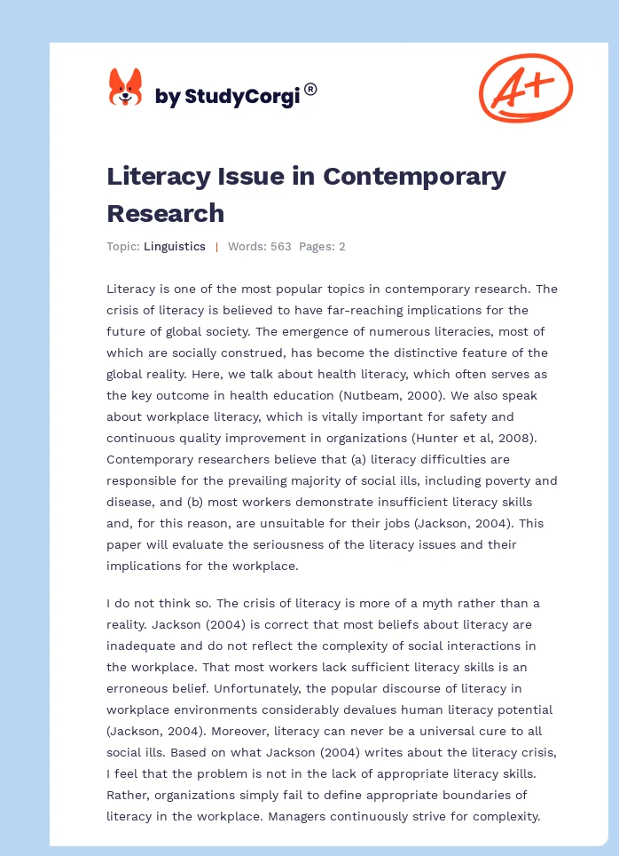 Literacy Issue in Contemporary Research. Page 1