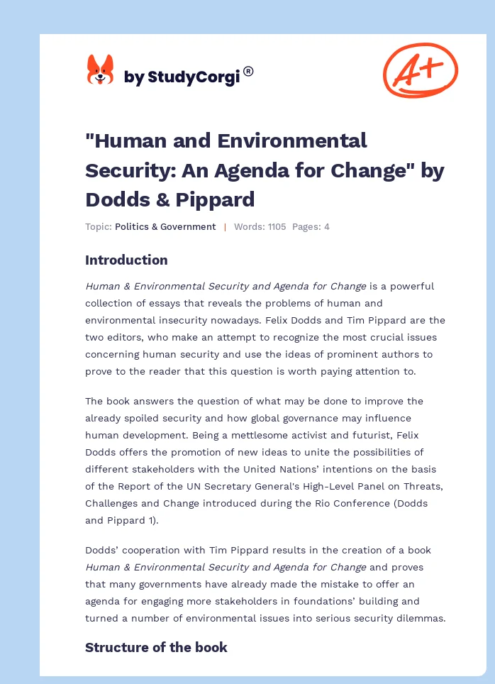 "Human and Environmental Security: An Agenda for Change" by Dodds & Pippard. Page 1