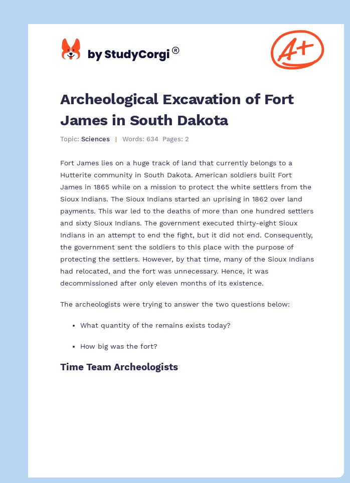 Archeological Excavation of Fort James in South Dakota. Page 1