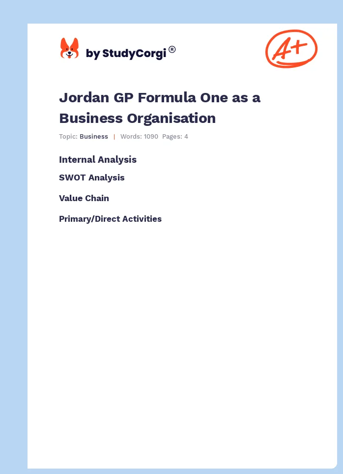 Jordan GP Formula One as a Business Organisation. Page 1