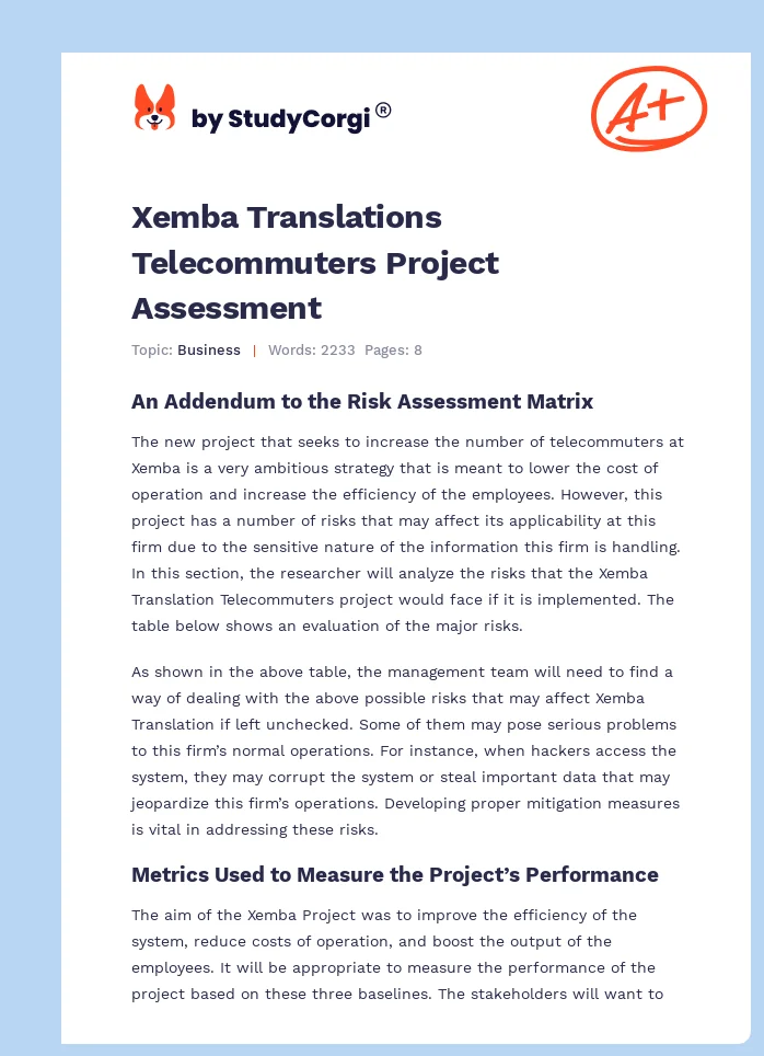 Xemba Translations Telecommuters Project Assessment. Page 1