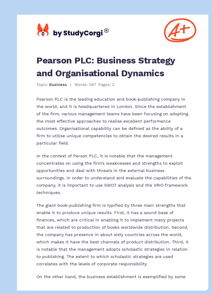 Pearson PLC: Business Strategy and Organisational Dynamics. Page 1