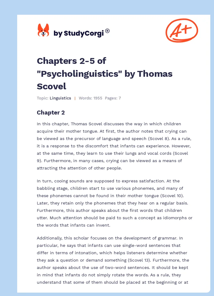 Chapters 2-5 of "Psycholinguistics" by Thomas Scovel. Page 1