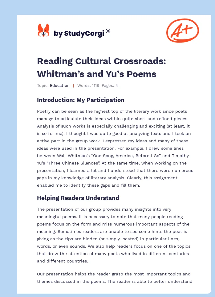 Reading Cultural Crossroads: Whitman’s and Yu’s Poems. Page 1