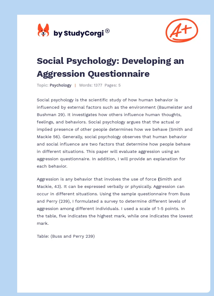 Social Psychology: Developing an Aggression Questionnaire. Page 1