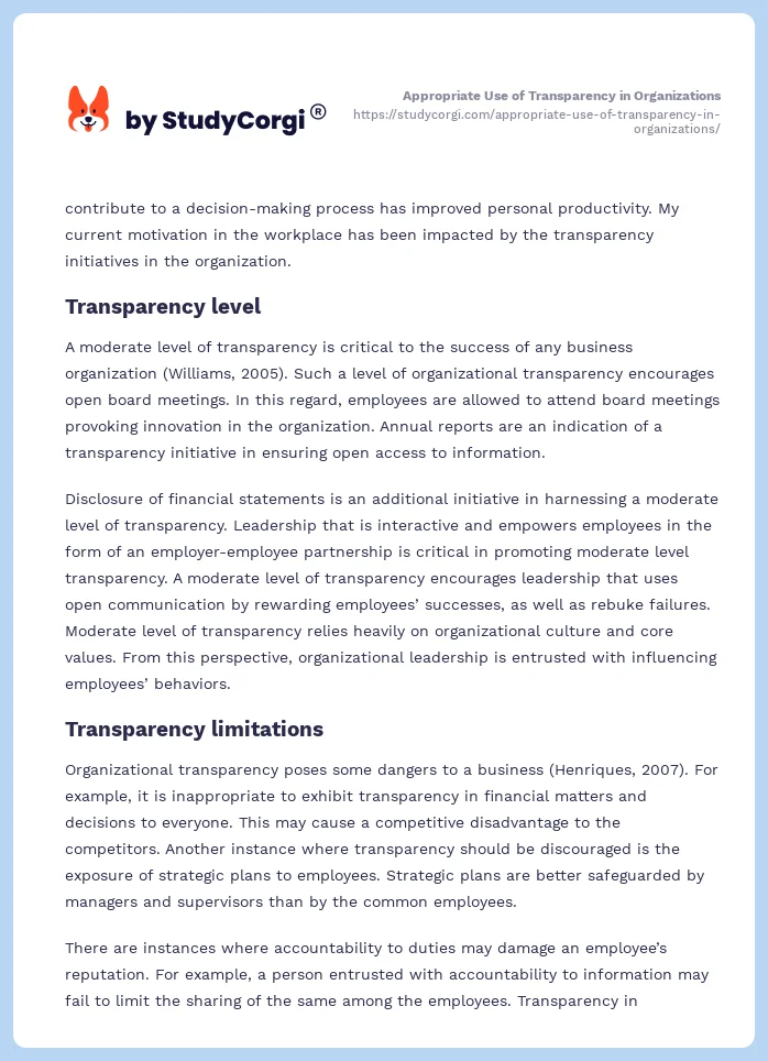 Appropriate Use of Transparency in Organizations. Page 2