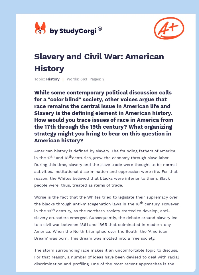 Slavery and Civil War: American History. Page 1