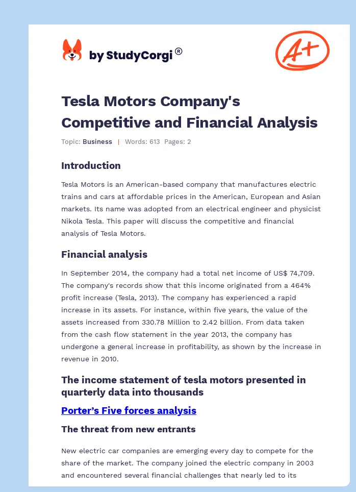 Tesla Motors Company's Competitive and Financial Analysis. Page 1