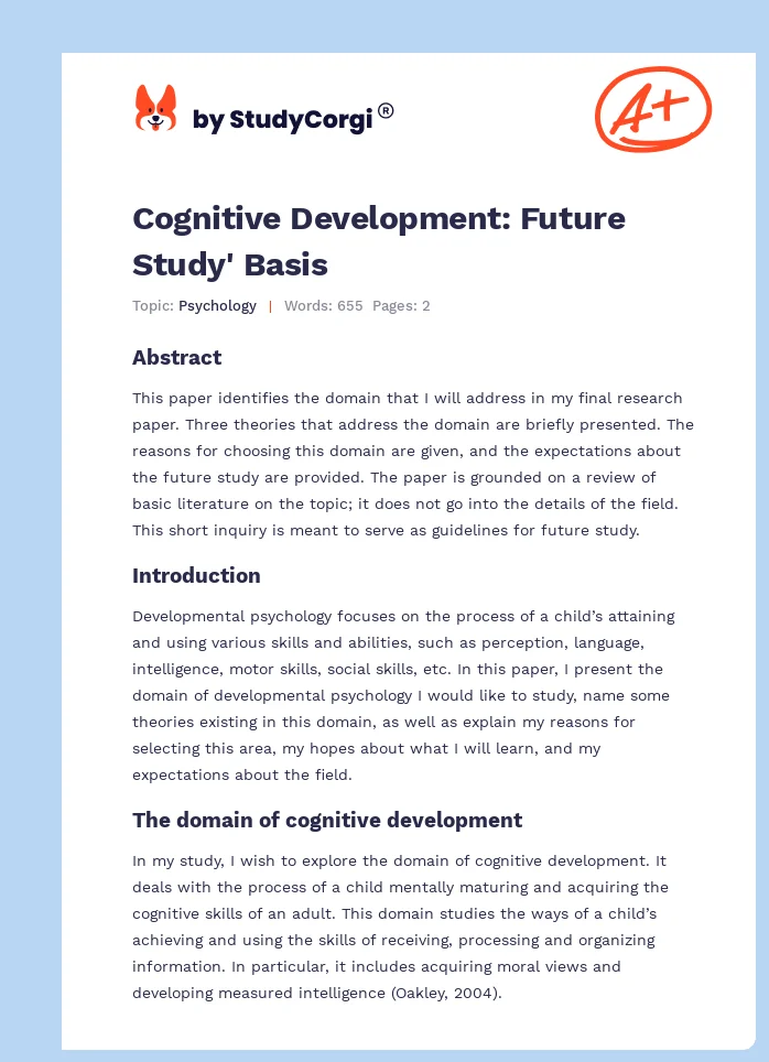 Cognitive Development: Future Study' Basis. Page 1