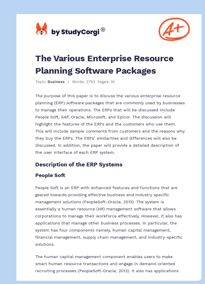The Various Enterprise Resource Planning Software Packages. Page 1