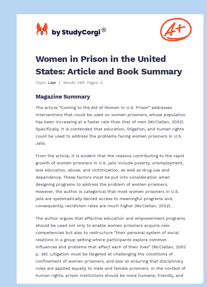 Women in Prison in the United States: Article and Book Summary. Page 1