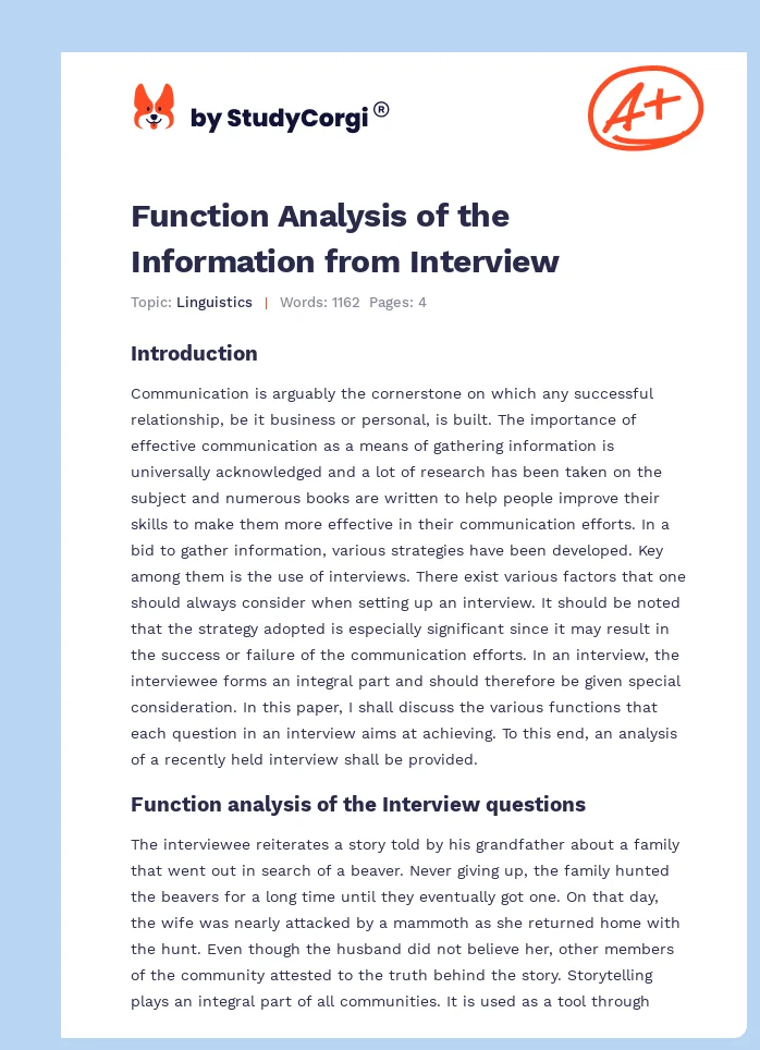 Function Analysis of the Information from Interview. Page 1