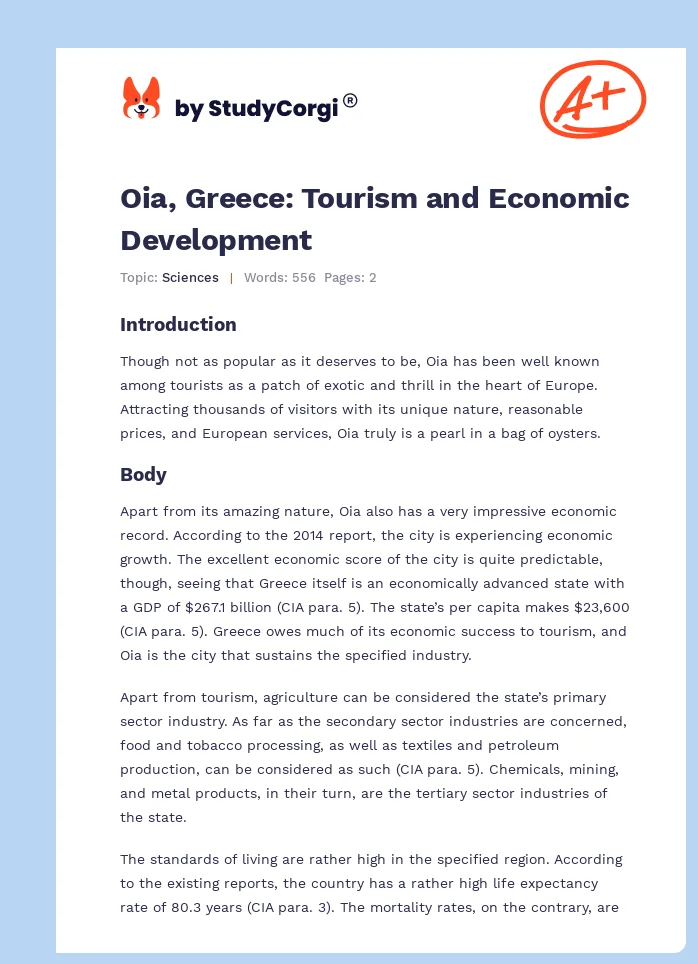 Oia, Greece: Tourism and Economic Development. Page 1