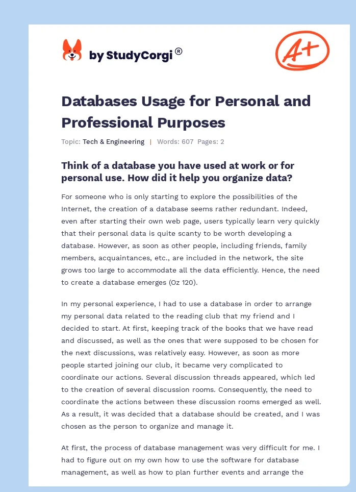 Databases Usage for Personal and Professional Purposes. Page 1