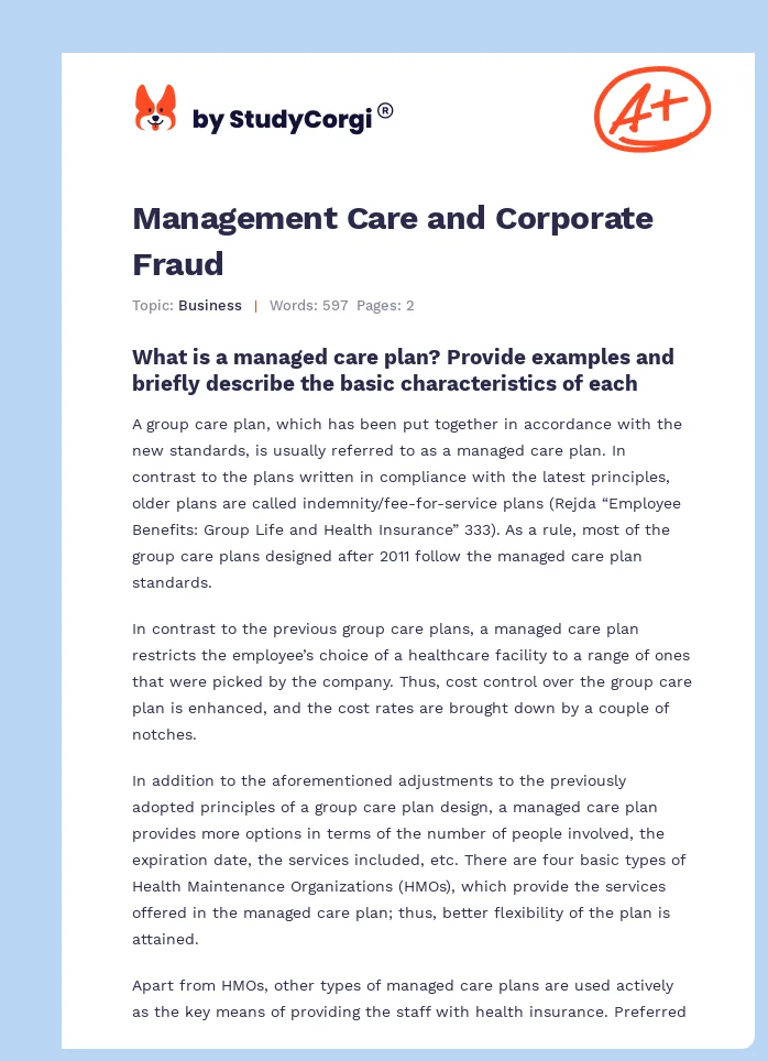 Management Care and Corporate Fraud. Page 1