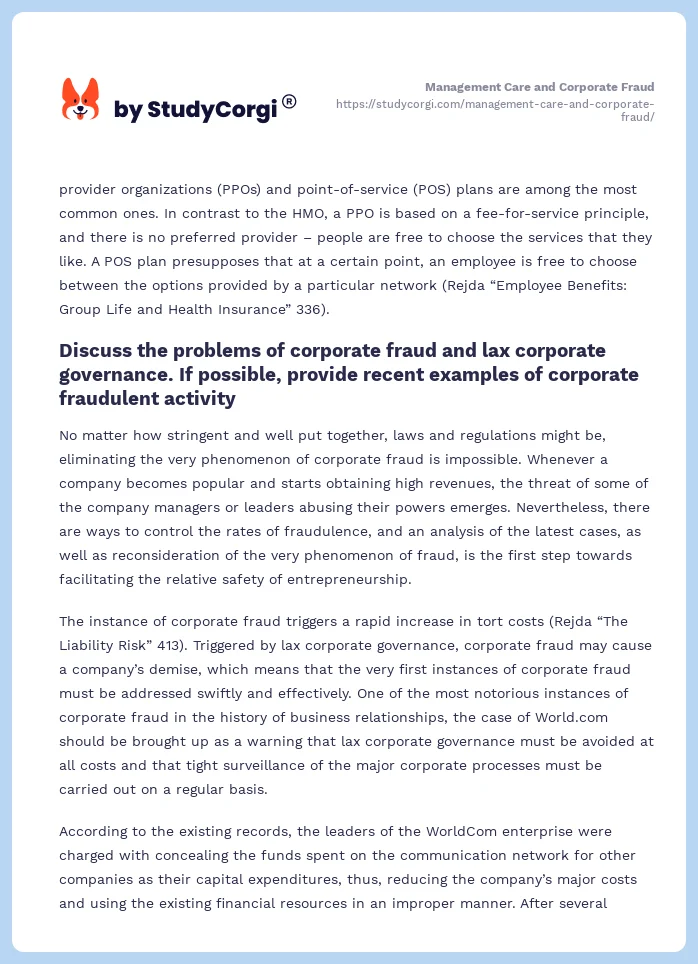 Management Care and Corporate Fraud. Page 2