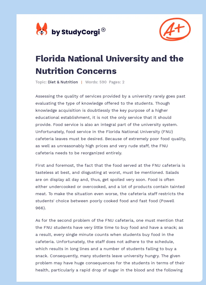 Florida National University and the Nutrition Concerns. Page 1