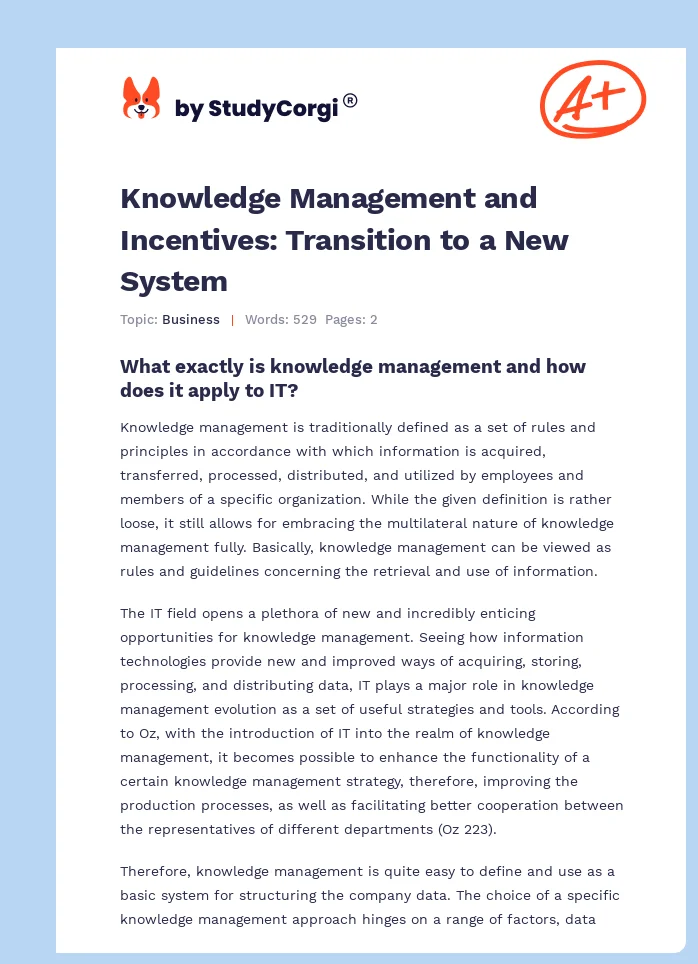 Knowledge Management and Incentives: Transition to a New System. Page 1