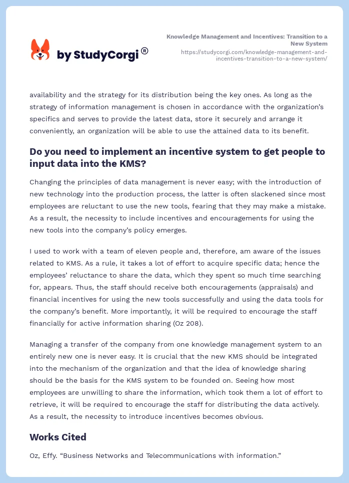 Knowledge Management and Incentives: Transition to a New System. Page 2