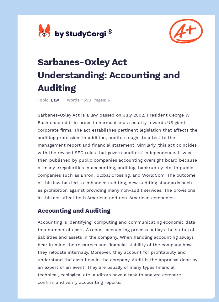 Sarbanes-Oxley Act Understanding: Accounting and Auditing. Page 1
