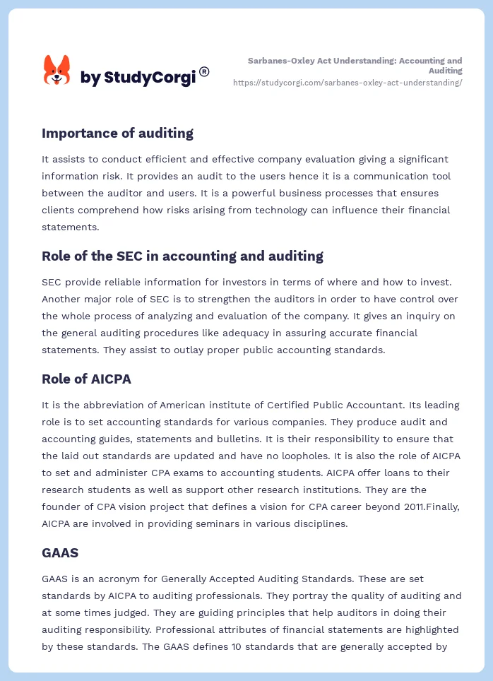 Sarbanes-Oxley Act Understanding: Accounting and Auditing. Page 2