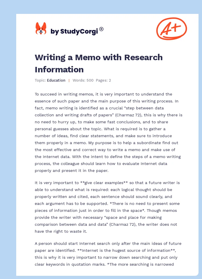 Writing a Memo with Research Information. Page 1