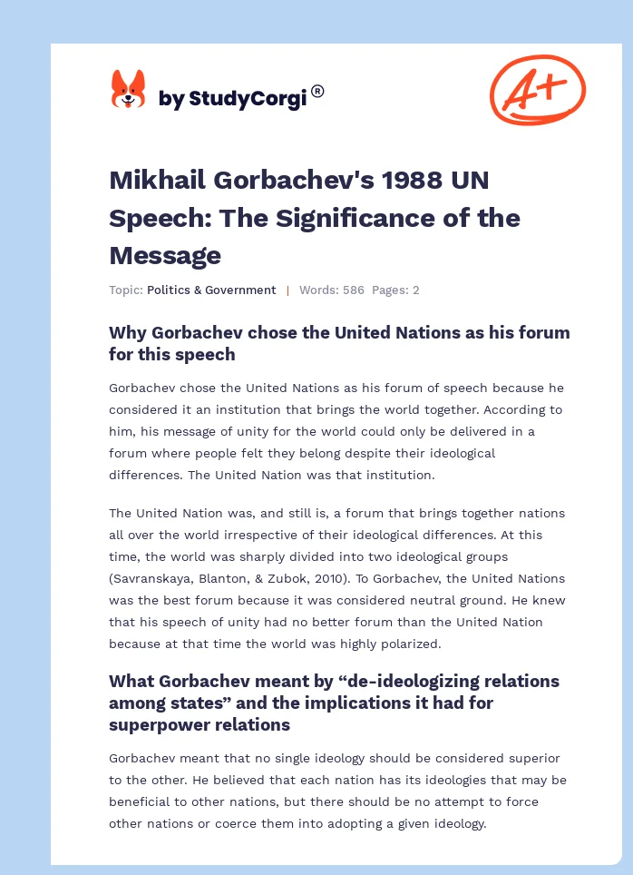 Mikhail Gorbachev's 1988 UN Speech: The Significance of the Message. Page 1