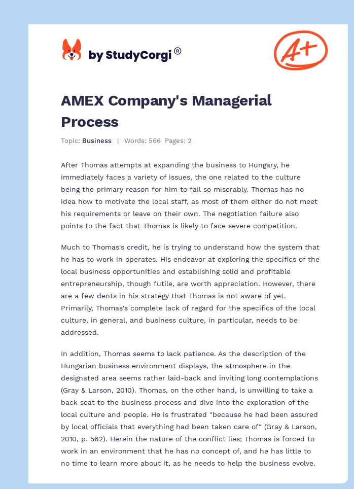 AMEX Company's Managerial Process. Page 1