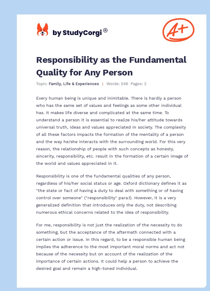 Responsibility as the Fundamental Quality for Any Person. Page 1
