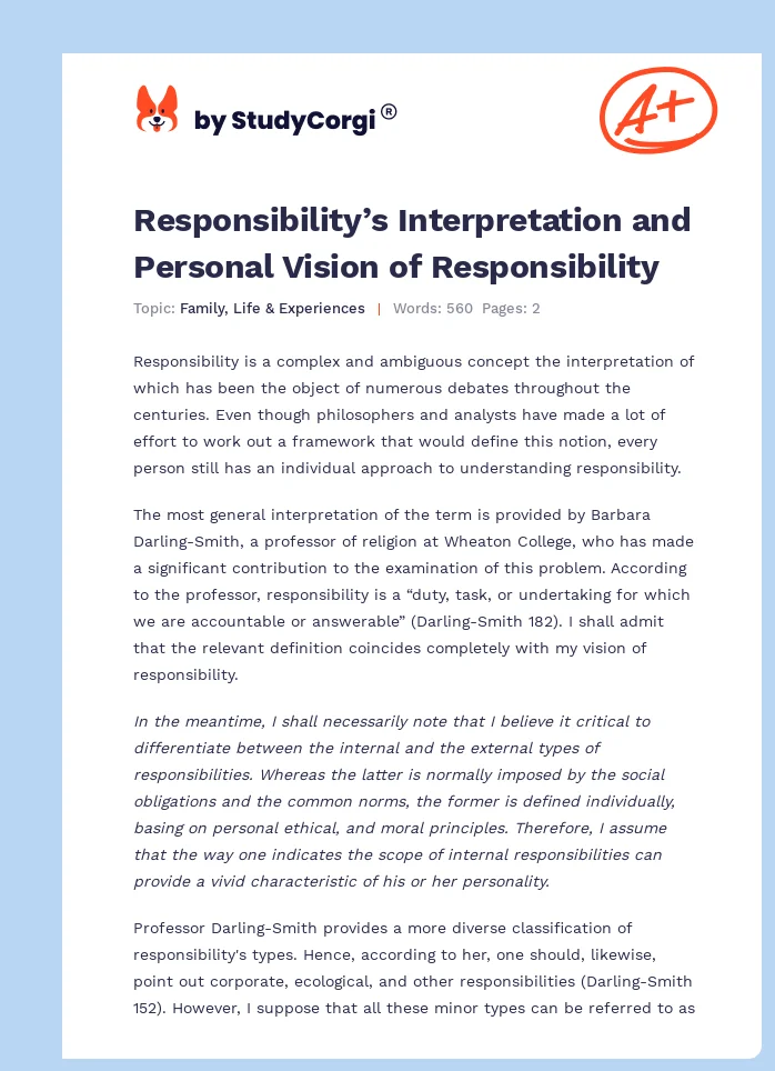 Responsibility’s Interpretation and Personal Vision of Responsibility. Page 1