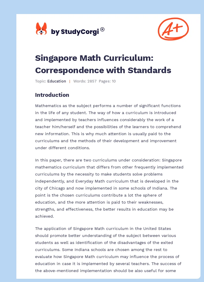 Singapore Math Curriculum: Correspondence with Standards. Page 1