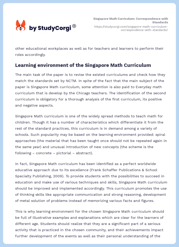 Singapore Math Curriculum: Correspondence with Standards. Page 2