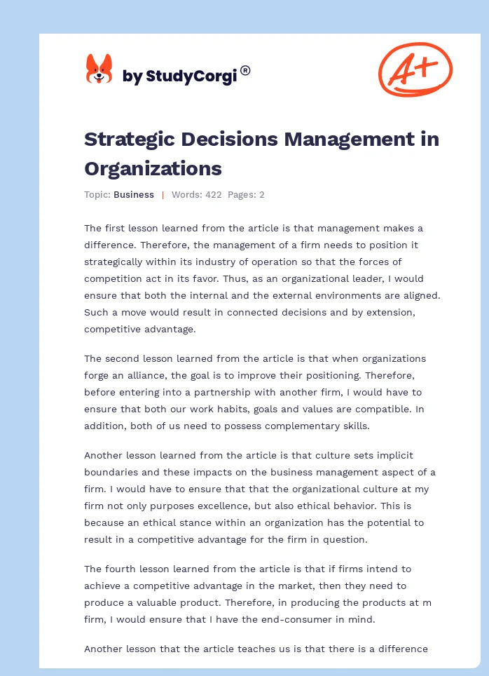 Strategic Decisions Management in Organizations. Page 1