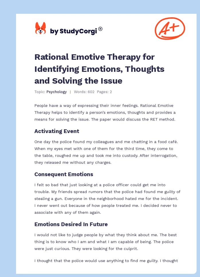 Rational Emotive Therapy for Identifying Emotions, Thoughts and Solving the Issue. Page 1