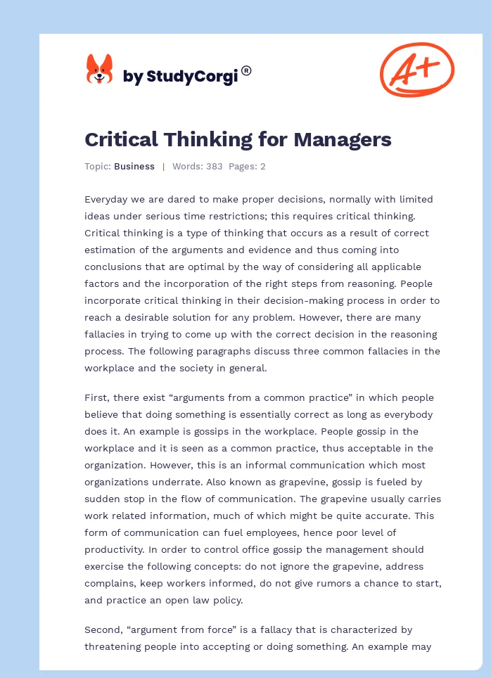 Critical Thinking for Managers. Page 1