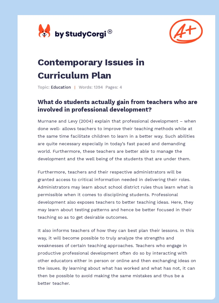 Contemporary Issues in Curriculum Plan. Page 1