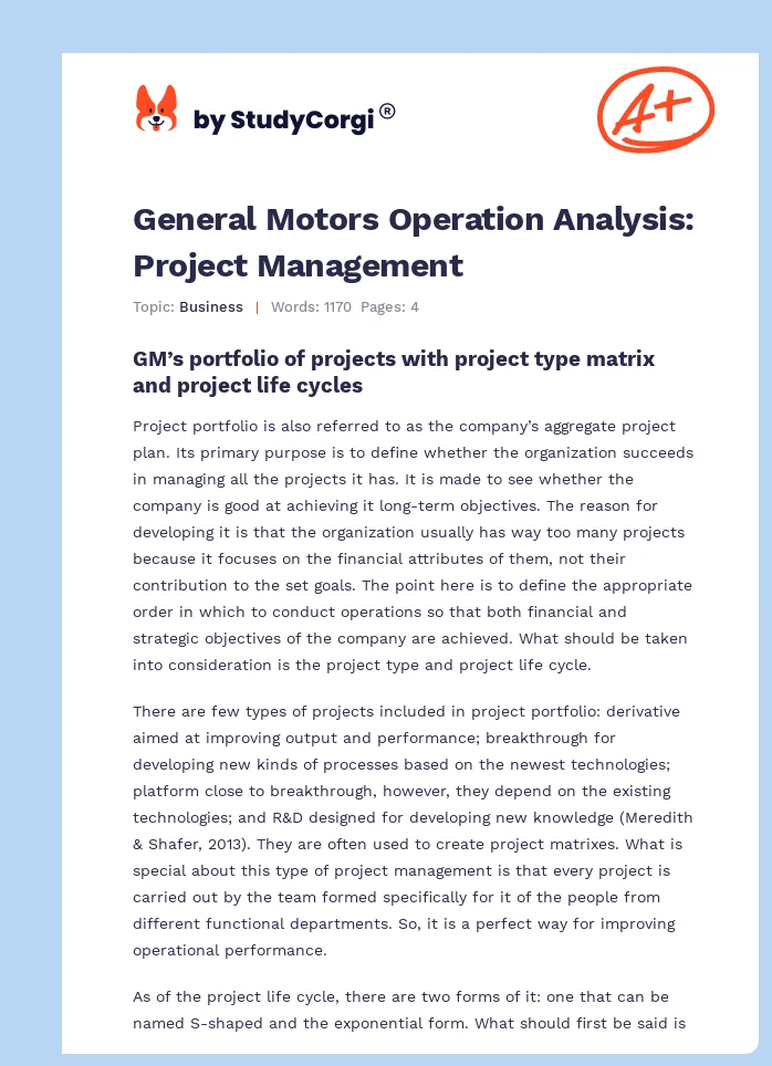 General Motors Operation Analysis: Project Management. Page 1